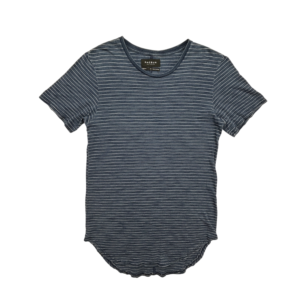 Pacsun Shirt Mens Small Blue White Striped Longer Fit Casual Soft Crewneck